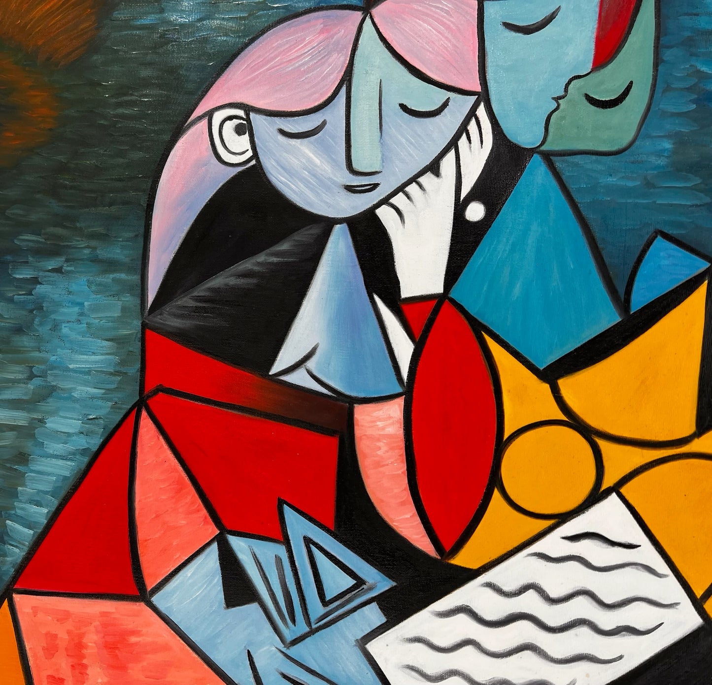 La Lecture – Peinture à l'huile cubiste peinte à la main sur toile (64 × 80 cm)
