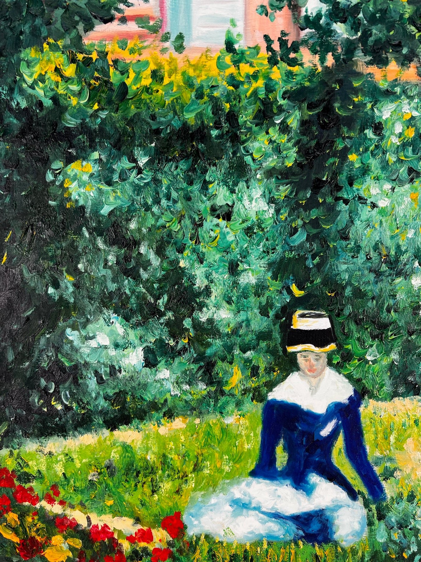 Femme dans le Jardin (après Édouard Manet) – Huile Impressionniste Peinte à la Main sur Toile (60 × 80 cm)