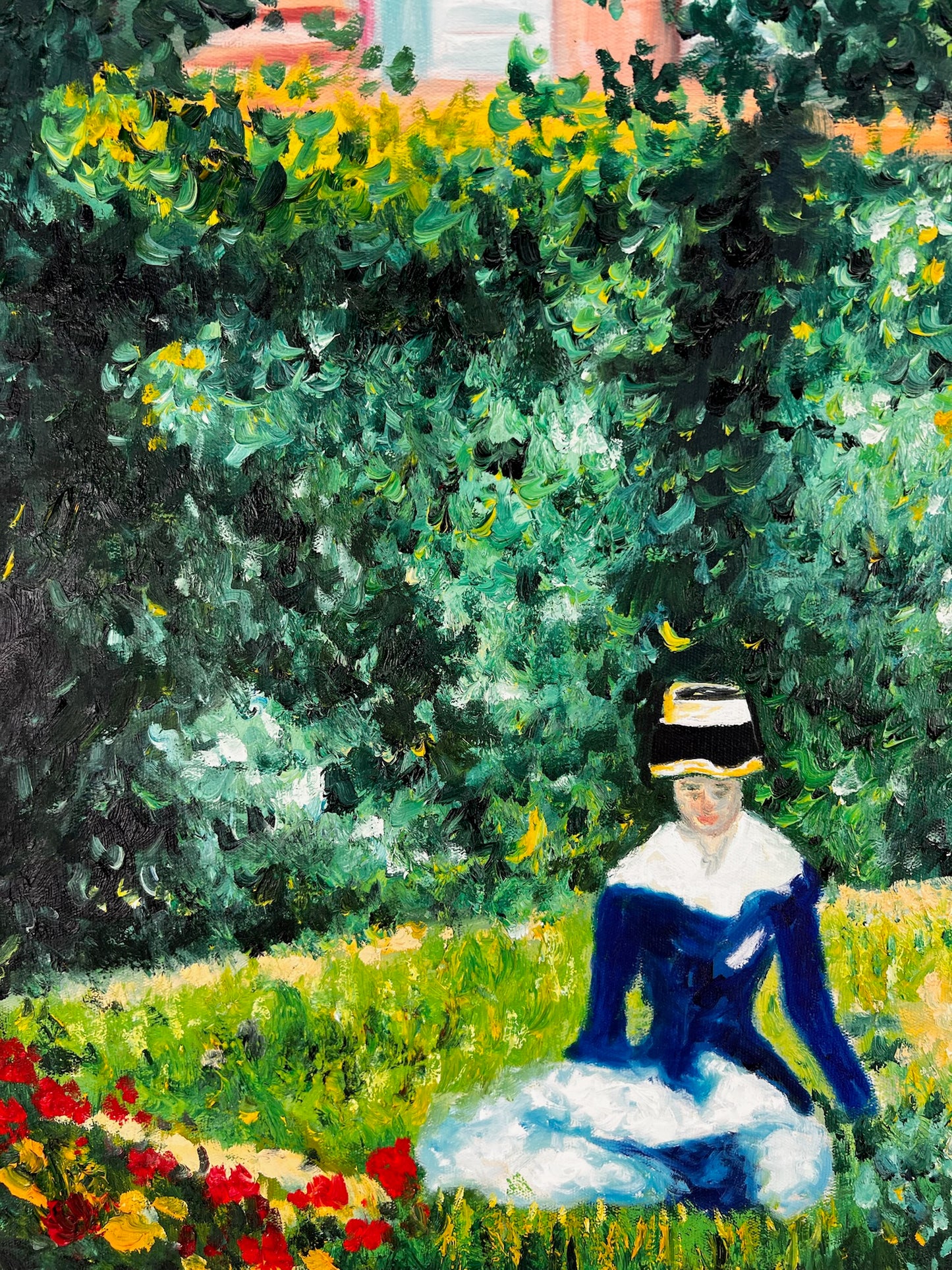 Femme dans le Jardin (après Édouard Manet) – Huile Impressionniste Peinte à la Main sur Toile (60 × 80 cm)
