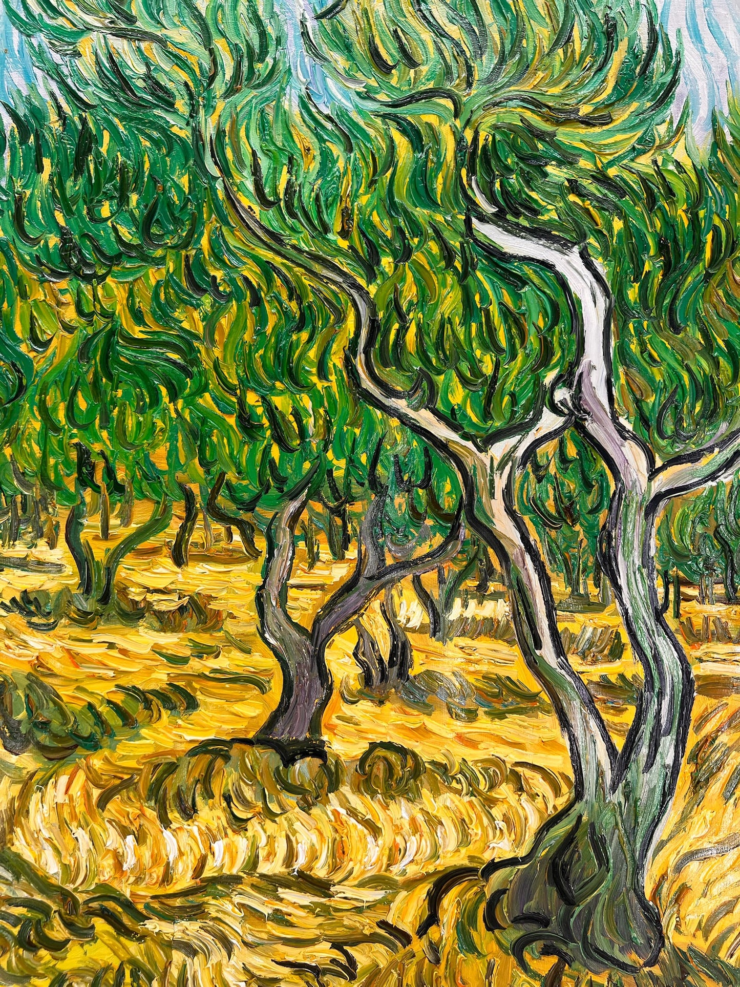 Oliveraie (d'après Vincent van Gogh) – Peinture à l'huile post-impressionniste peinte à la main sur toile (70 × 100 cm)