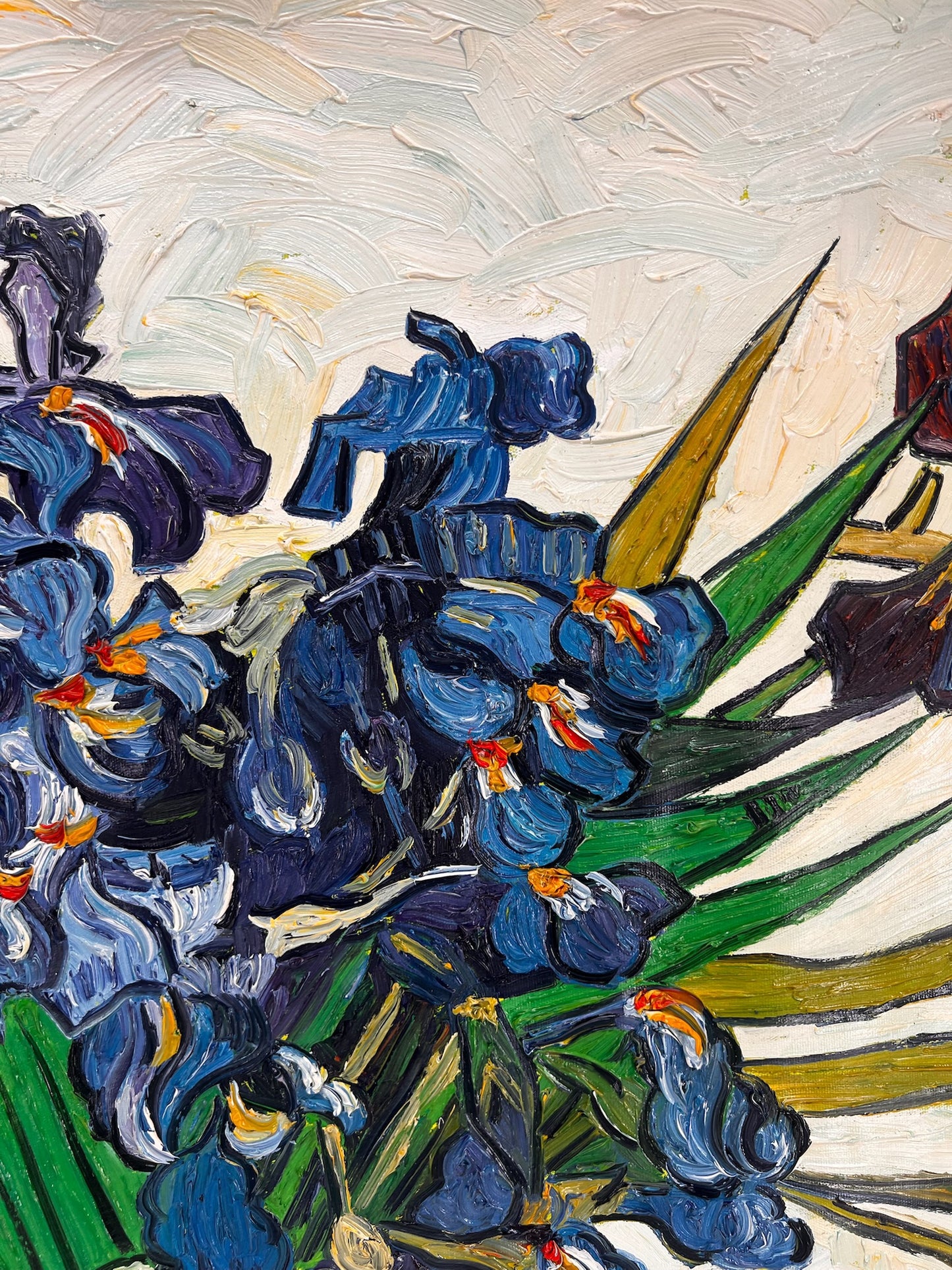 Vase avec des iris (d'après Vincent van Gogh) – Peinture à l'huile post-impressionniste peinte à la main sur toile (73 × 92,5 cm)
