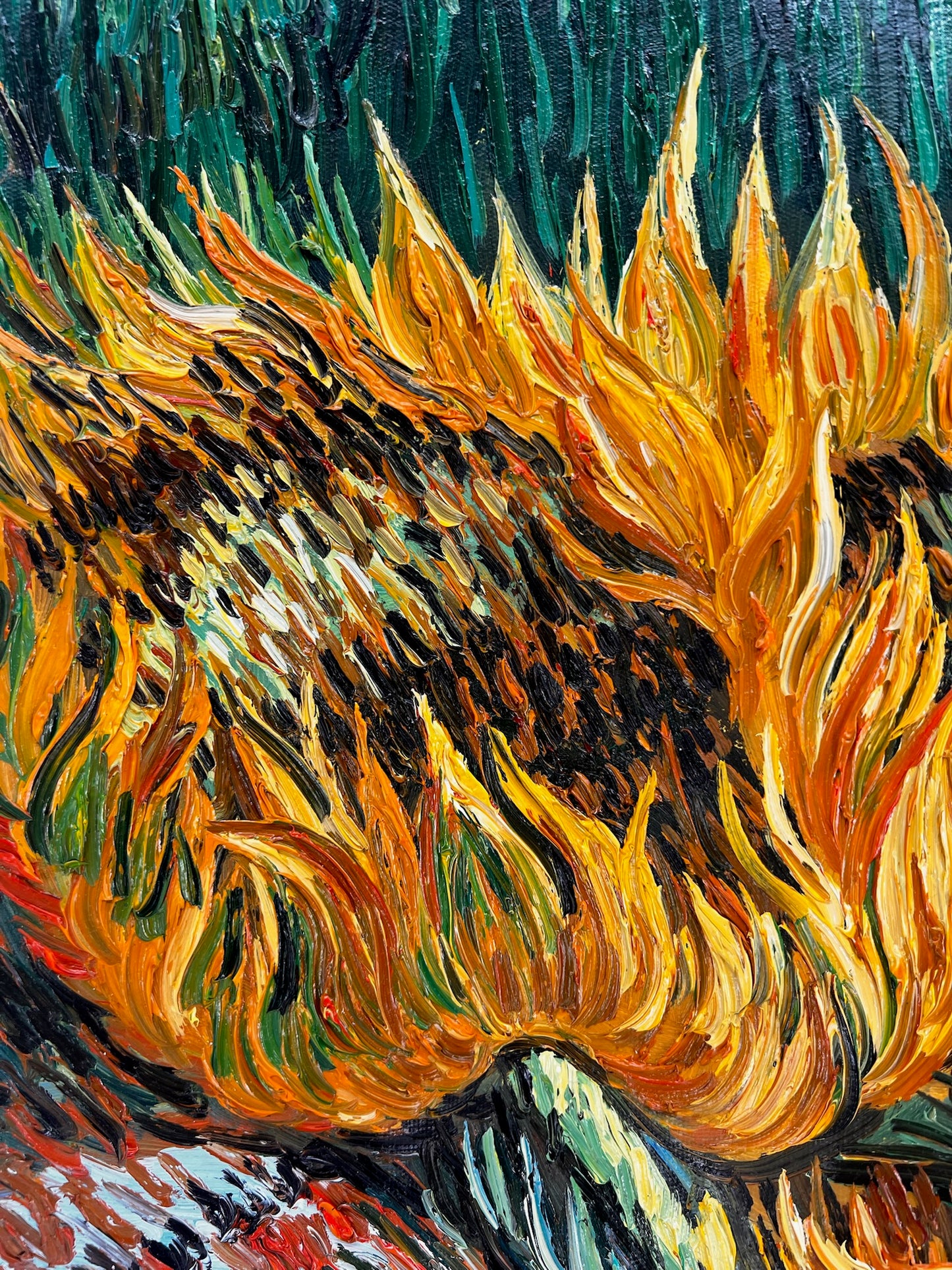 Nature morte avec deux tournesols – Peinture à l'huile post-impressionniste sur toile (43 × 24,5 cm)
