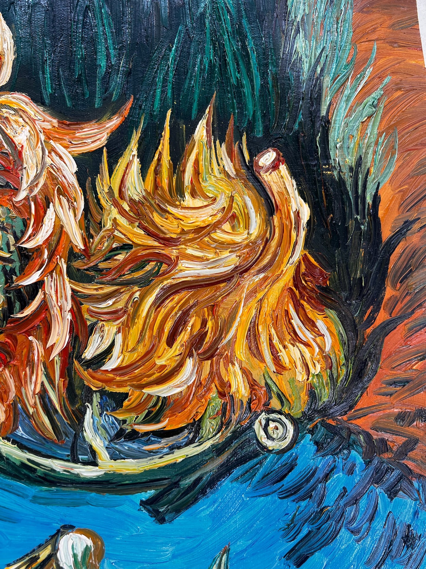 Nature morte avec deux tournesols – Peinture à l'huile post-impressionniste sur toile (43 × 24,5 cm)