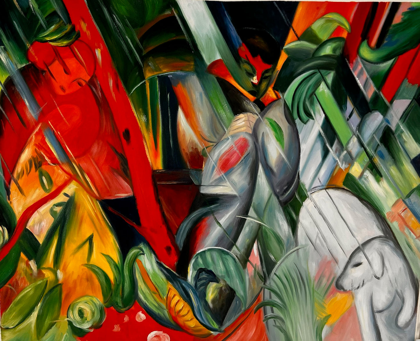 Sous la pluie (d'après Franz Marc) – Huile sur toile expressionniste peinte à la main (64 × 80 cm, livré roulé)