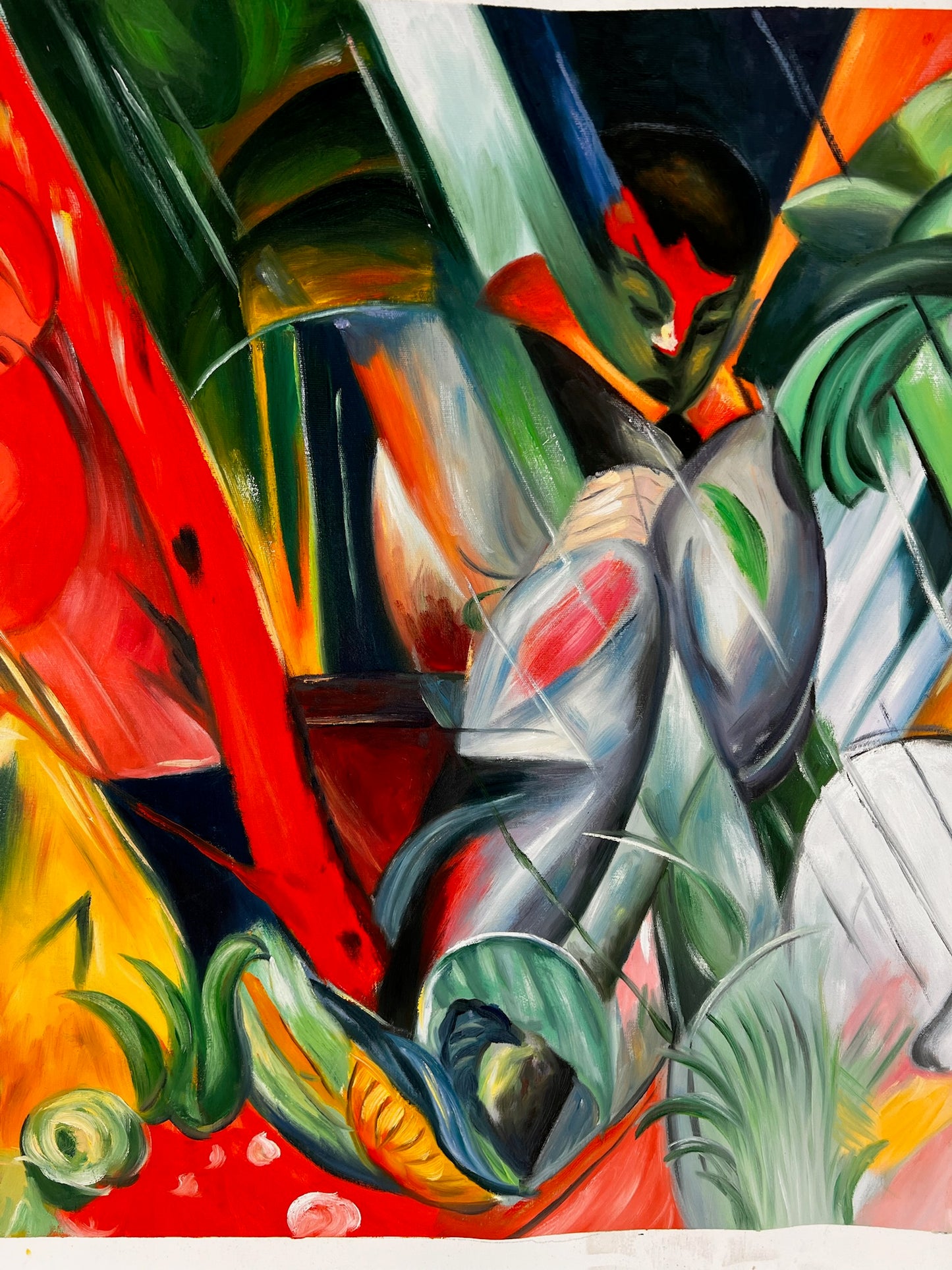 Sous la pluie (d'après Franz Marc) – Huile sur toile expressionniste peinte à la main (64 × 80 cm, livré roulé)