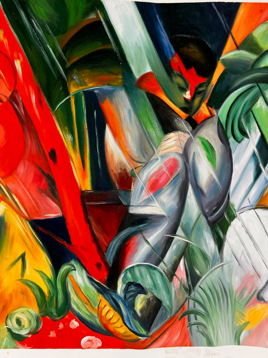 Sous la pluie (d'après Franz Marc) – Huile sur toile expressionniste peinte à la main (64 × 80 cm, livré roulé)
