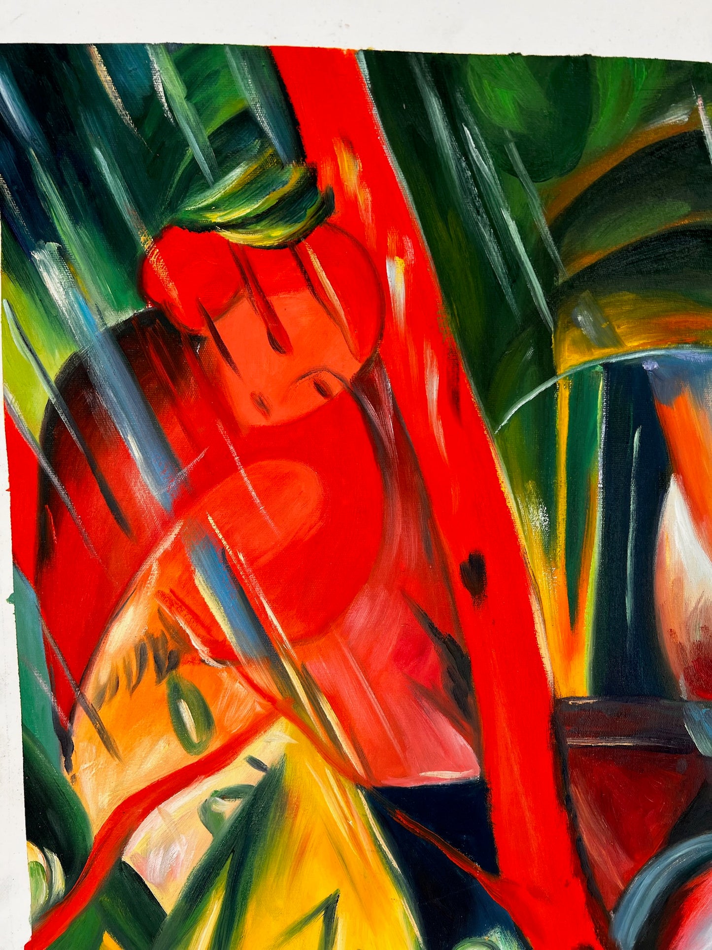 Sous la pluie (d'après Franz Marc) – Huile sur toile expressionniste peinte à la main (64 × 80 cm, livré roulé)