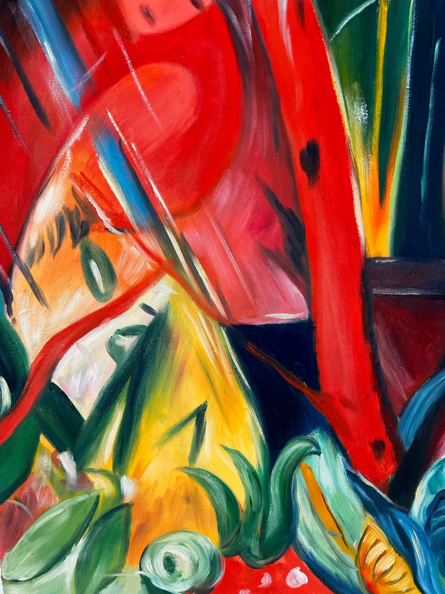 Sous la pluie (d'après Franz Marc) – Huile sur toile expressionniste peinte à la main (64 × 80 cm, livré roulé)