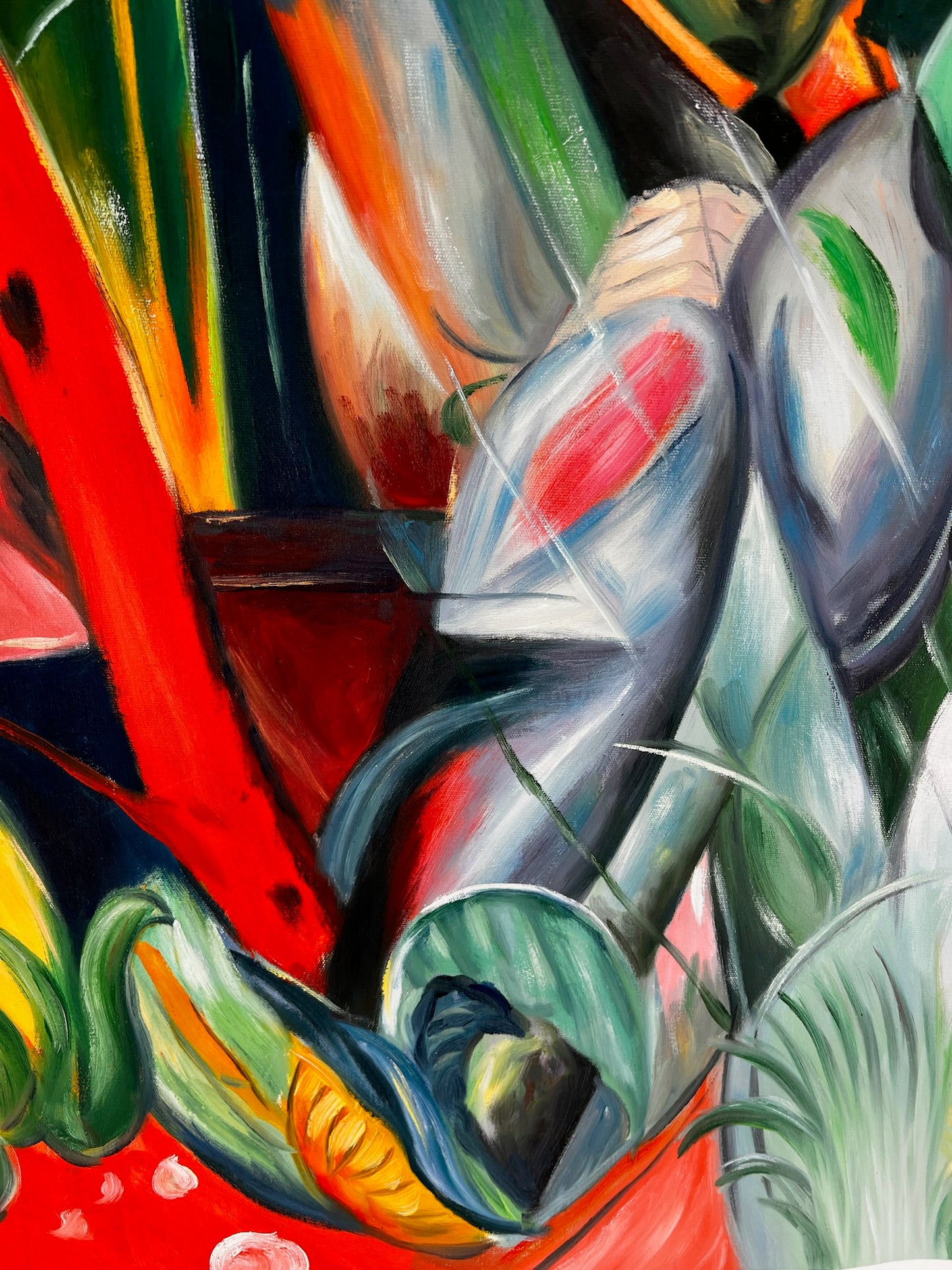 Sous la pluie (d'après Franz Marc) – Huile sur toile expressionniste peinte à la main (64 × 80 cm, livré roulé)