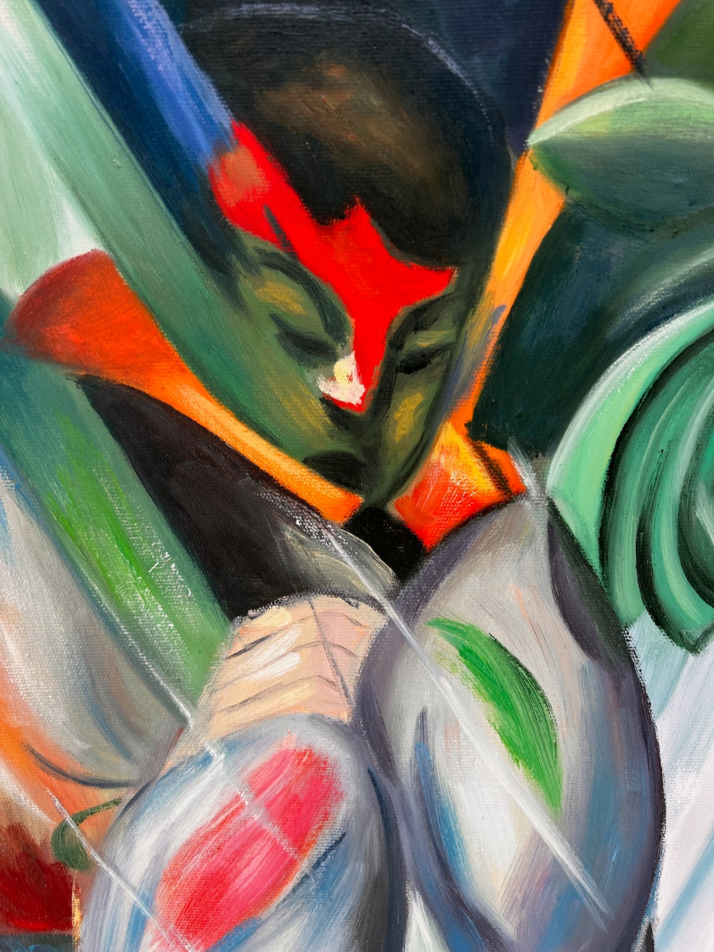 Sous la pluie (d'après Franz Marc) – Huile sur toile expressionniste peinte à la main (64 × 80 cm, livré roulé)