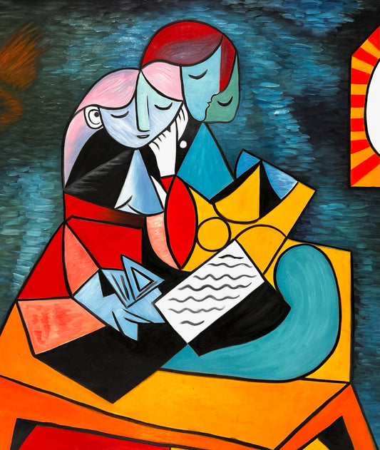La Lecture – Peinture à l'huile cubiste peinte à la main sur toile (64 × 80 cm)