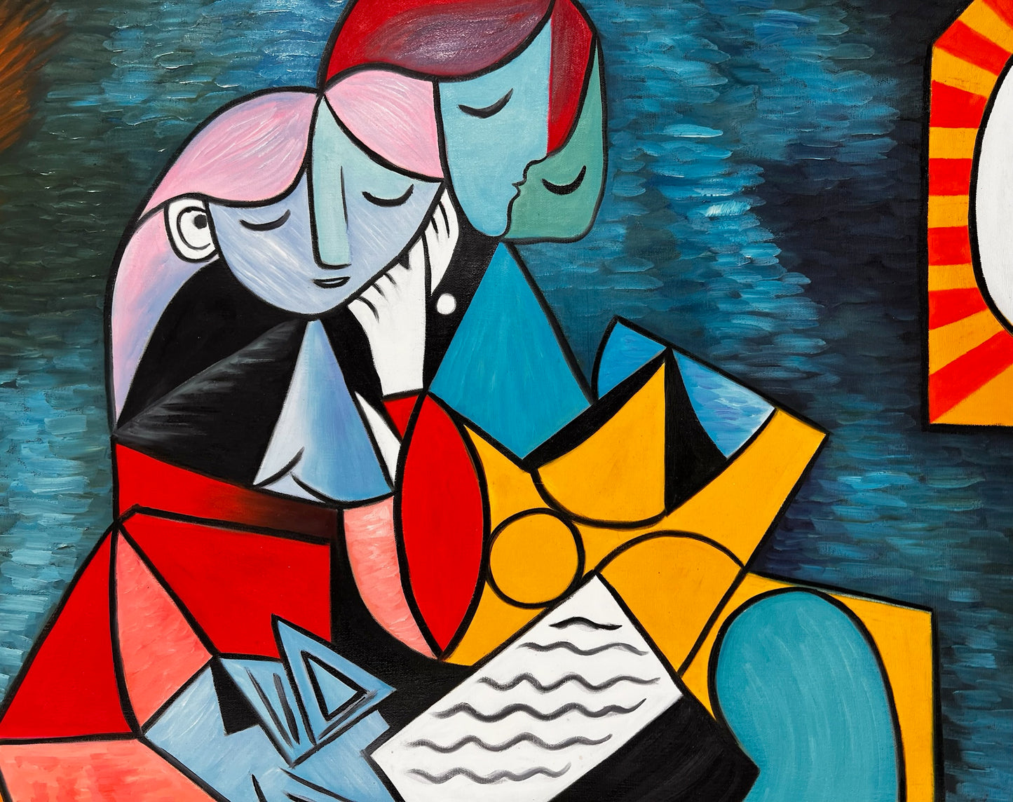 La Lecture – Peinture à l'huile cubiste peinte à la main sur toile (64 × 80 cm)