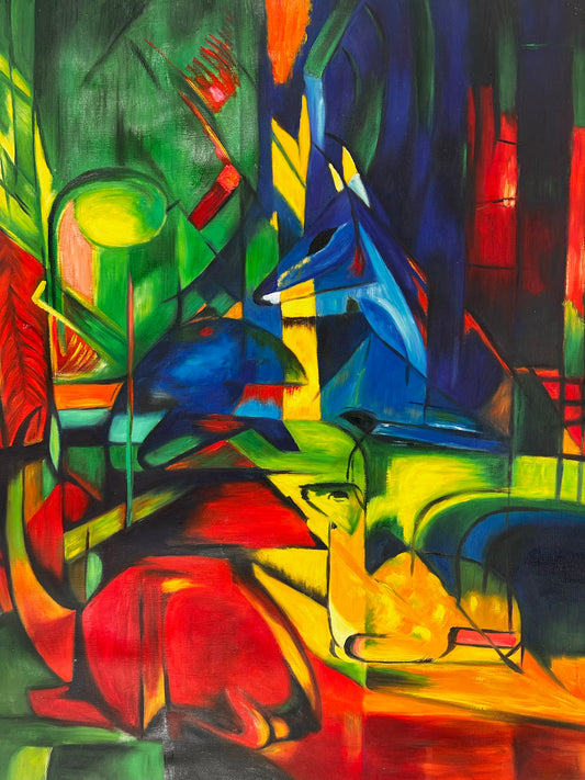 Rehe im Walde II (d'après Franz Marc) – Huile sur toile expressionniste peinte à la main (livrée enroulée)