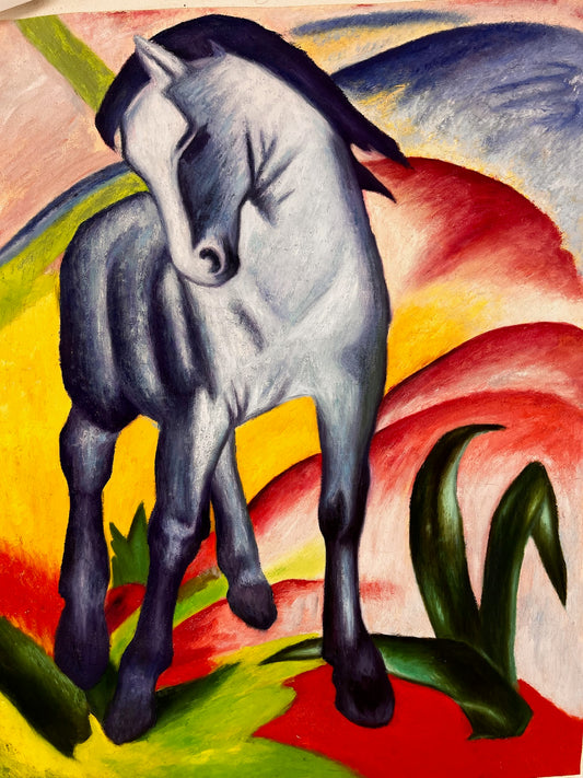 Cheval Bleu I – Peinture à l'huile expressionniste peinte à la main sur toile (64 × 80 cm)