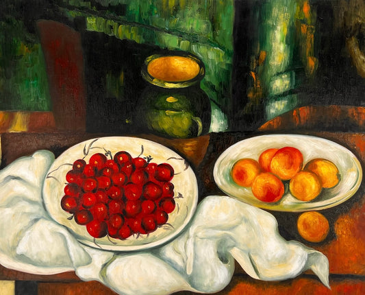Cézanne – Baies et fruits – huile sur toile peinte à la main (164 × 80 cm) – encadrée sur toile