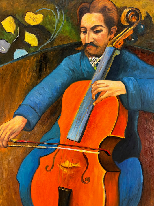 Portrait d'un Violoncelliste – Peinture à l'huile post-impressionniste peinte à la main sur toile (60 × 80 cm)