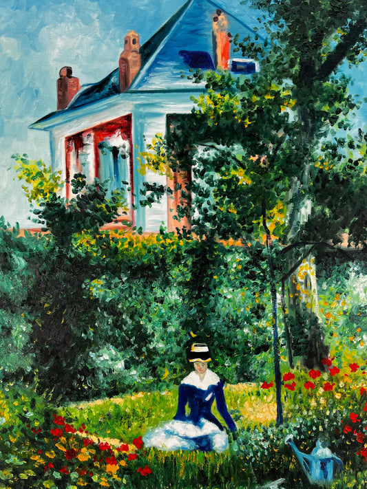 Femme dans le Jardin (après Édouard Manet) – Huile Impressionniste Peinte à la Main sur Toile (60 × 80 cm)