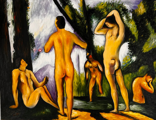 Les Grandes Baigneuses (5 Figures) – Peinture à l'huile post-impressionniste sur toile peinte à la main (164 × 80 cm)