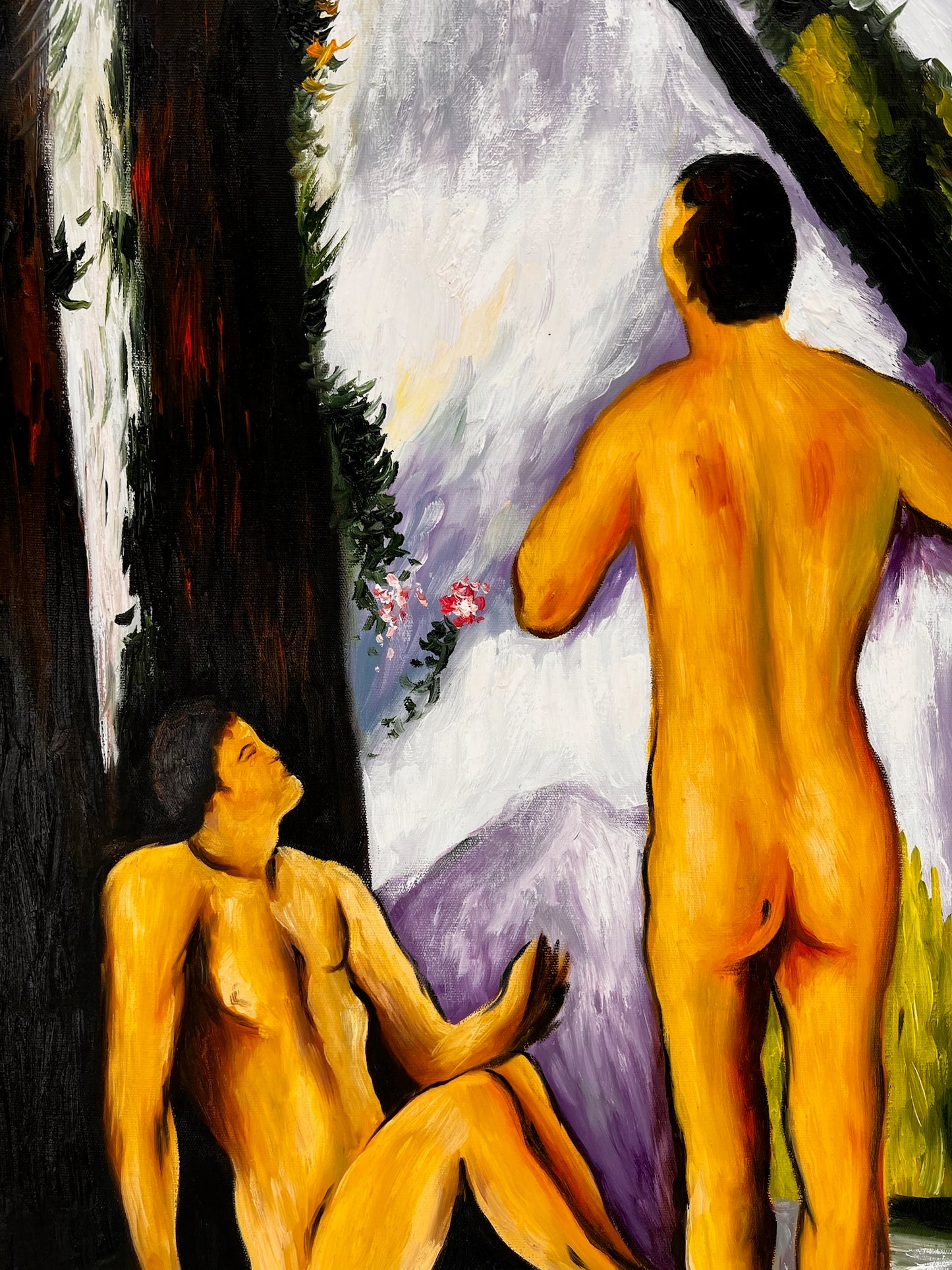 Les Grandes Baigneuses (5 Figures) – Peinture à l'huile post-impressionniste sur toile peinte à la main (164 × 80 cm)