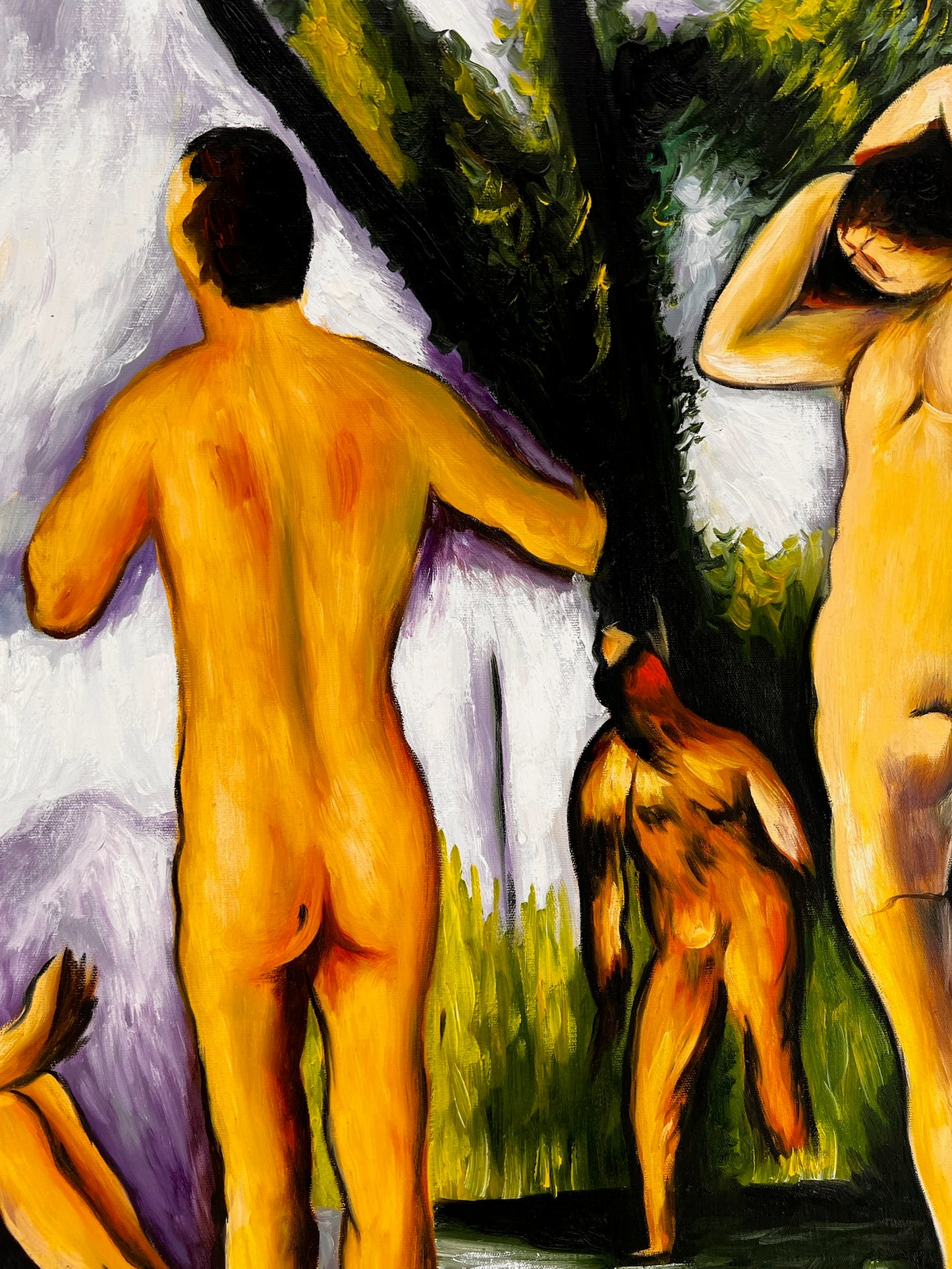 Les Grandes Baigneuses (5 Figures) – Peinture à l'huile post-impressionniste sur toile peinte à la main (164 × 80 cm)