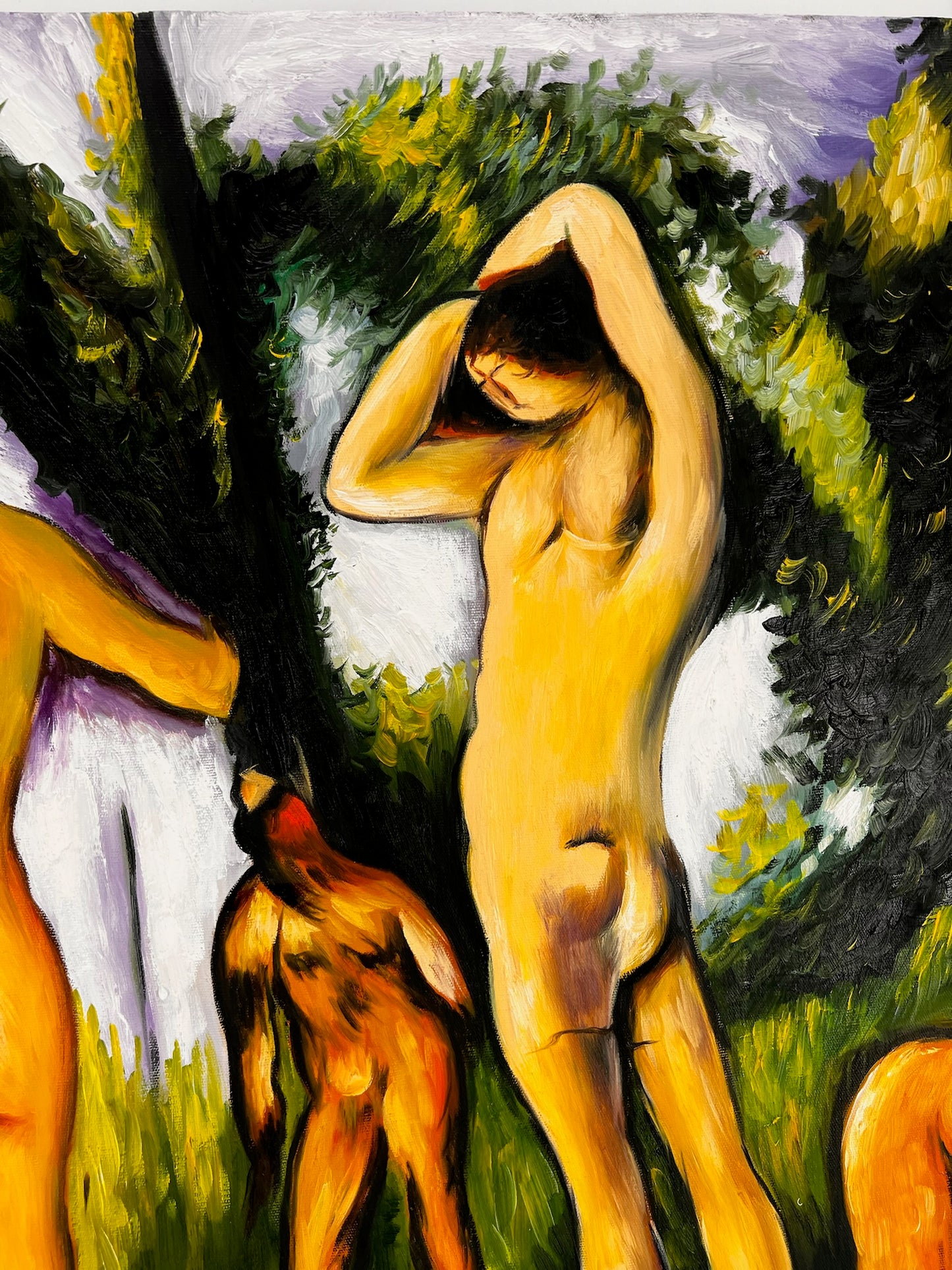 Les Grandes Baigneuses (5 Figures) – Peinture à l'huile post-impressionniste sur toile peinte à la main (164 × 80 cm)