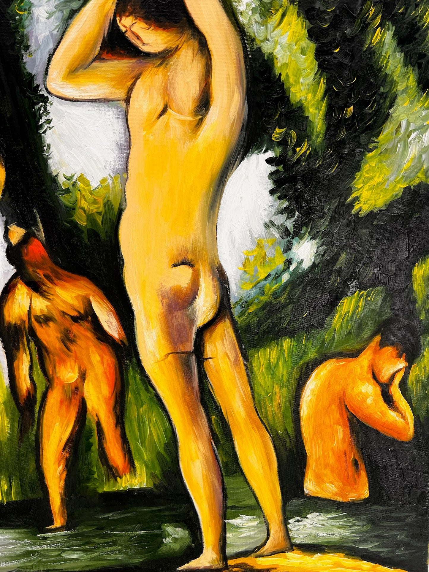 Les Grandes Baigneuses (5 Figures) – Peinture à l'huile post-impressionniste sur toile peinte à la main (164 × 80 cm)