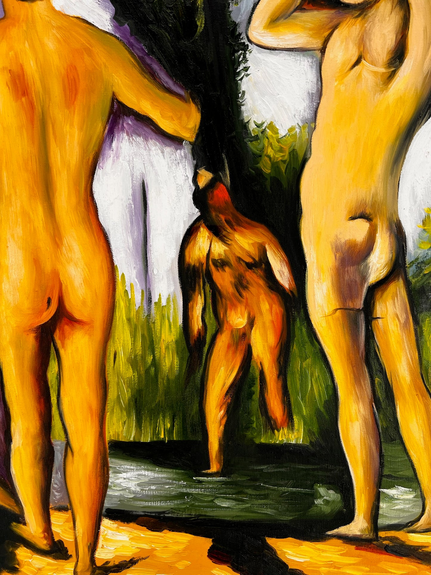 Les Grandes Baigneuses (5 Figures) – Peinture à l'huile post-impressionniste sur toile peinte à la main (164 × 80 cm)