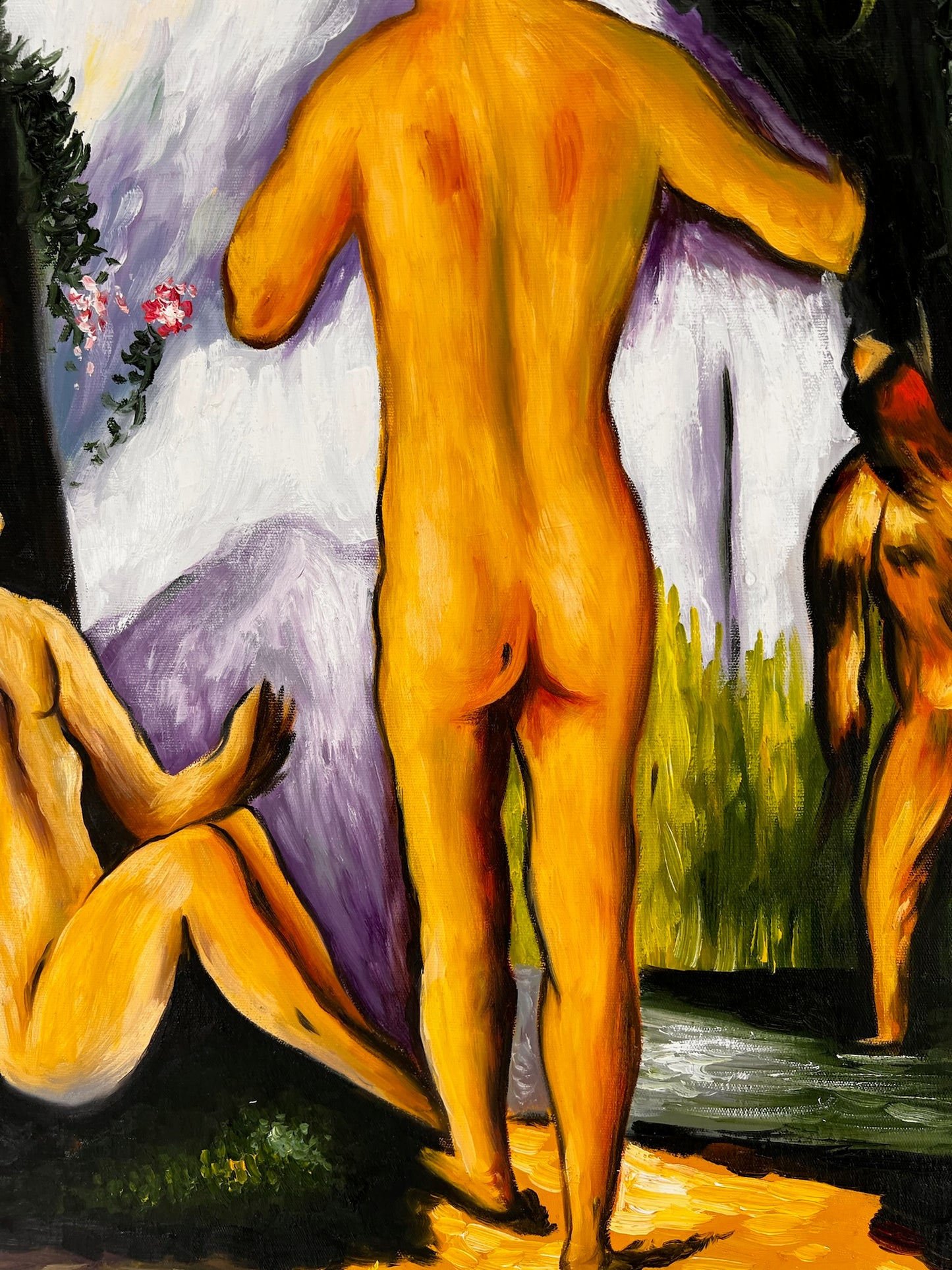 Les Grandes Baigneuses (5 Figures) – Peinture à l'huile post-impressionniste sur toile peinte à la main (164 × 80 cm)