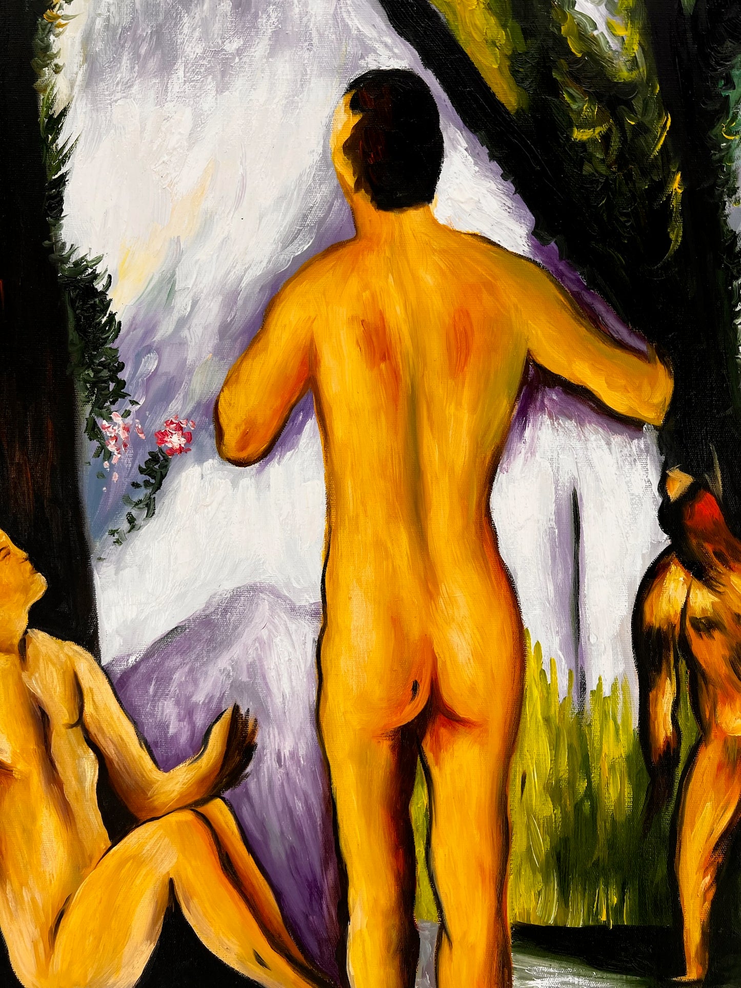 Les Grandes Baigneuses (5 Figures) – Peinture à l'huile post-impressionniste sur toile peinte à la main (164 × 80 cm)