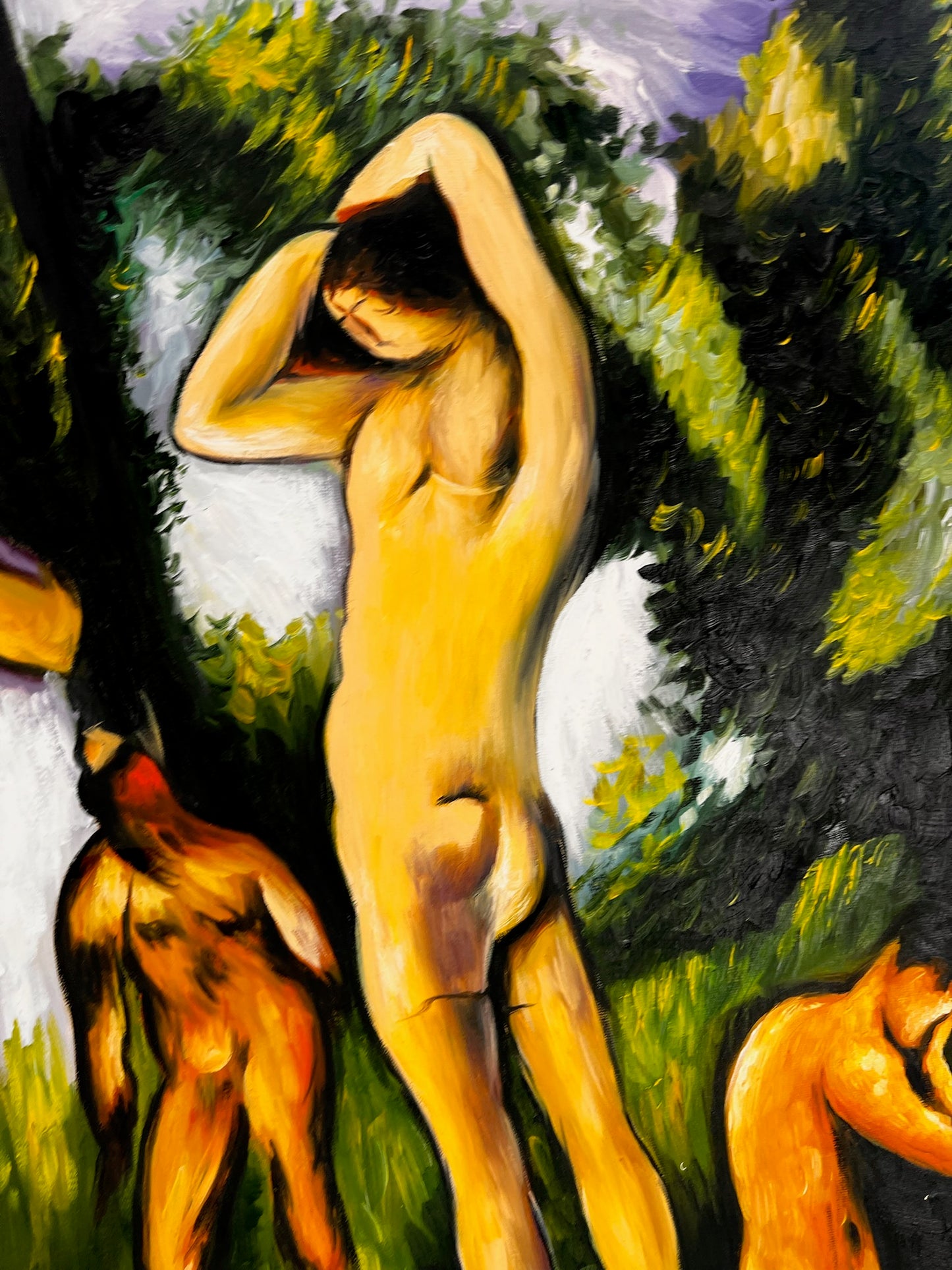 Les Grandes Baigneuses (5 Figures) – Peinture à l'huile post-impressionniste sur toile peinte à la main (164 × 80 cm)