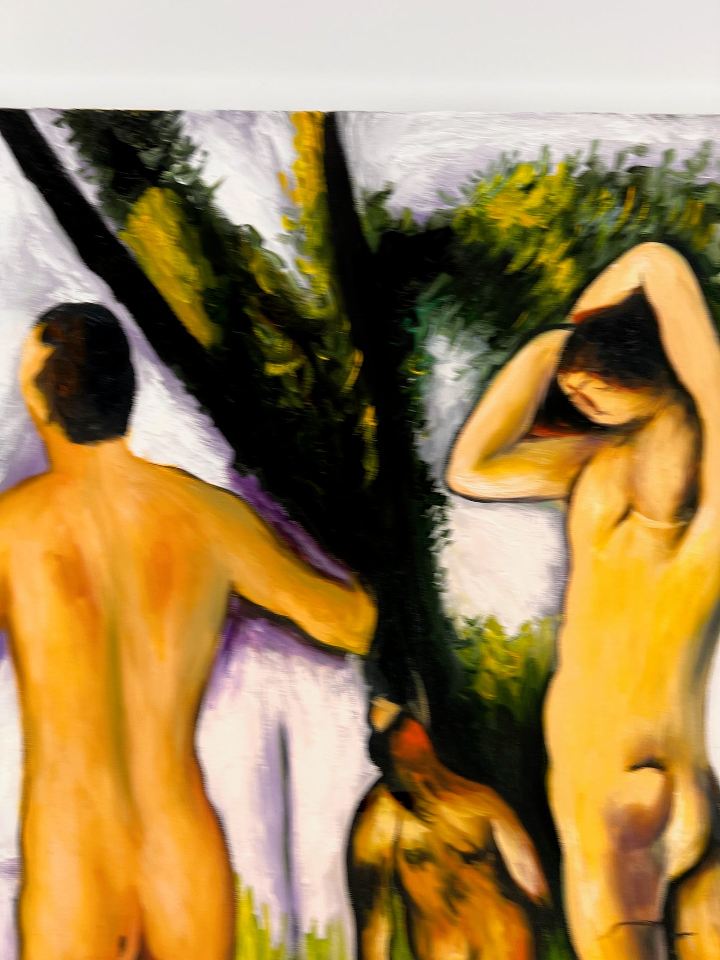 Les Grandes Baigneuses (5 Figures) – Peinture à l'huile post-impressionniste sur toile peinte à la main (164 × 80 cm)