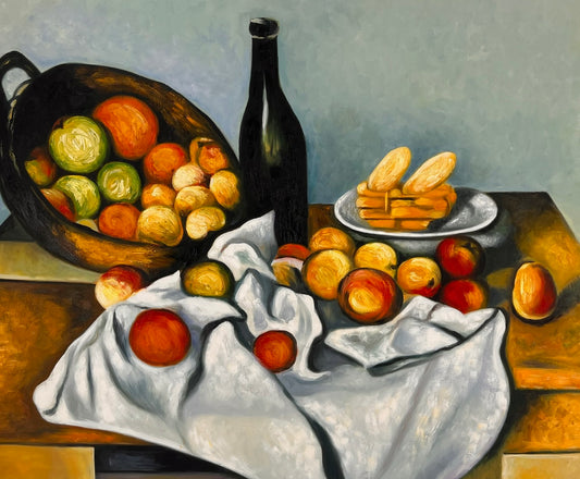 Fruits et gâteaux – Peinture à l'huile post-impressionniste peinte à la main sur toile (64 × 80 cm)