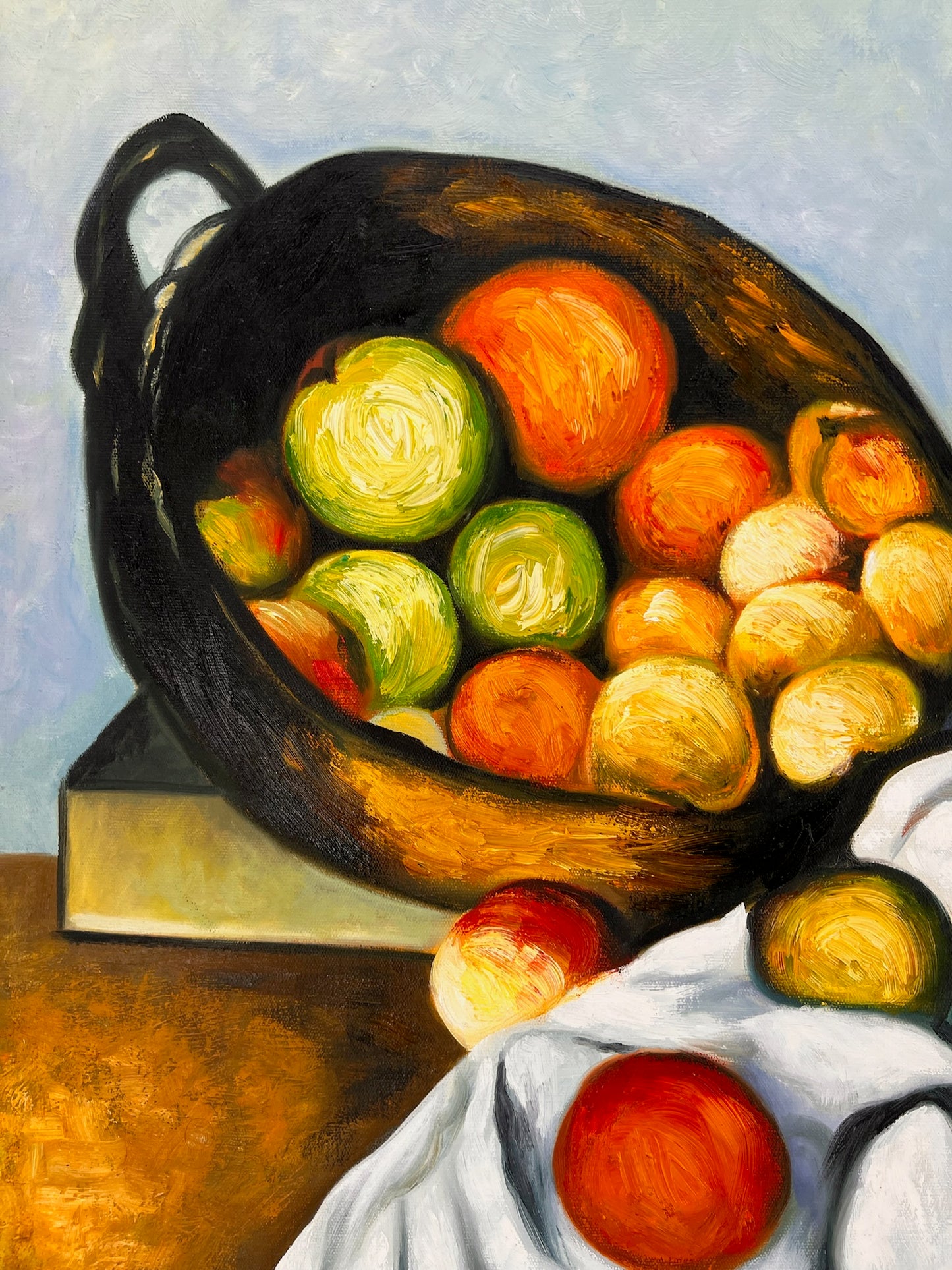 Fruits et gâteaux – Peinture à l'huile post-impressionniste peinte à la main sur toile (64 × 80 cm)