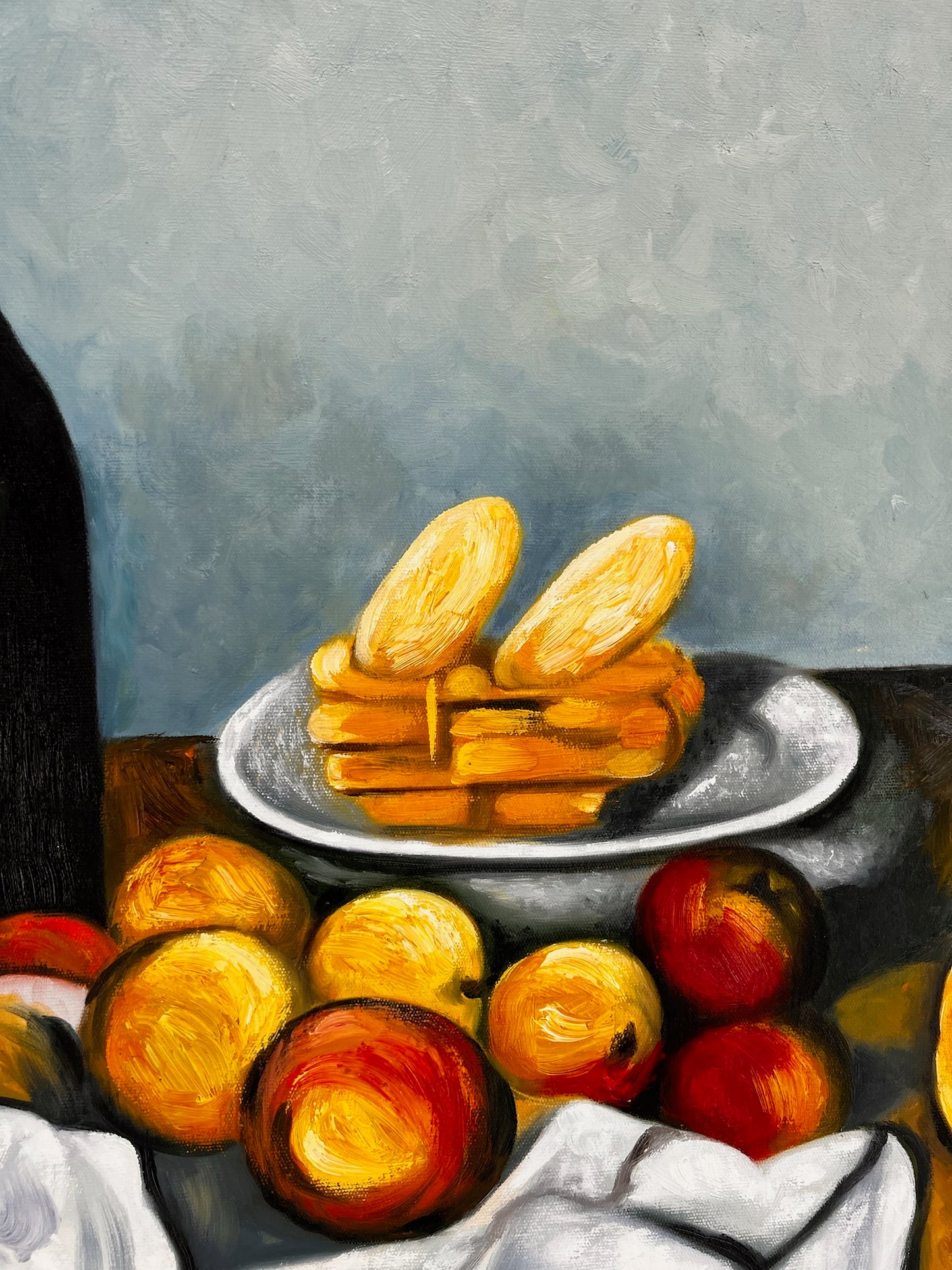 Fruits et gâteaux – Peinture à l'huile post-impressionniste peinte à la main sur toile (64 × 80 cm)