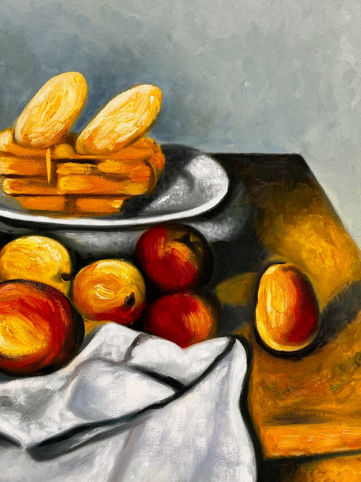 Fruits et gâteaux – Peinture à l'huile post-impressionniste peinte à la main sur toile (64 × 80 cm)