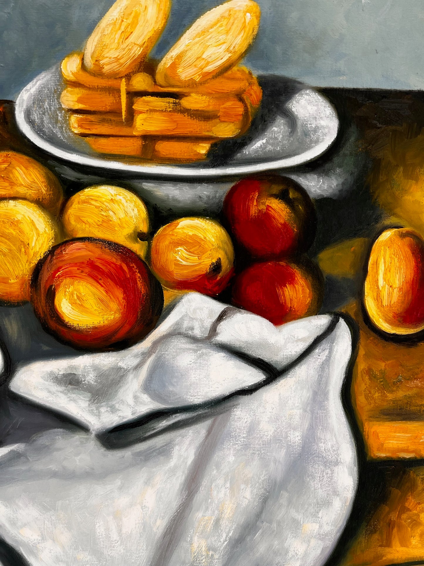 Fruits et gâteaux – Peinture à l'huile post-impressionniste peinte à la main sur toile (64 × 80 cm)