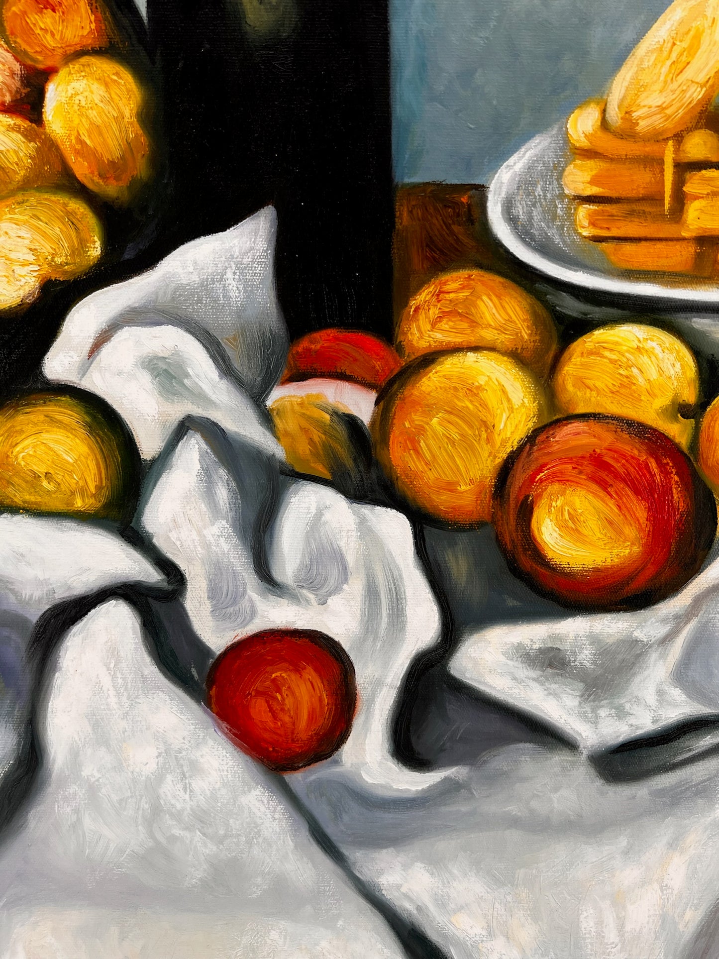 Fruits et gâteaux – Peinture à l'huile post-impressionniste peinte à la main sur toile (64 × 80 cm)