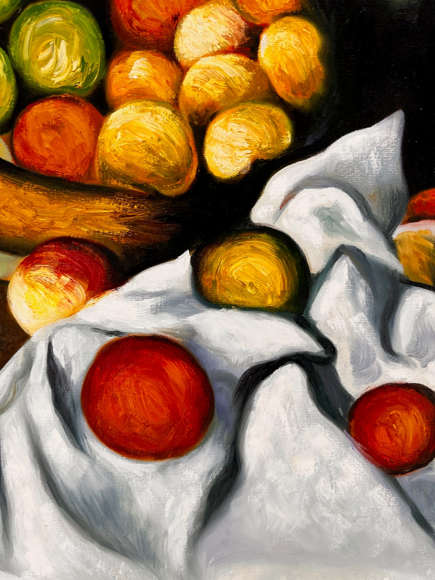 Fruits et gâteaux – Peinture à l'huile post-impressionniste peinte à la main sur toile (64 × 80 cm)