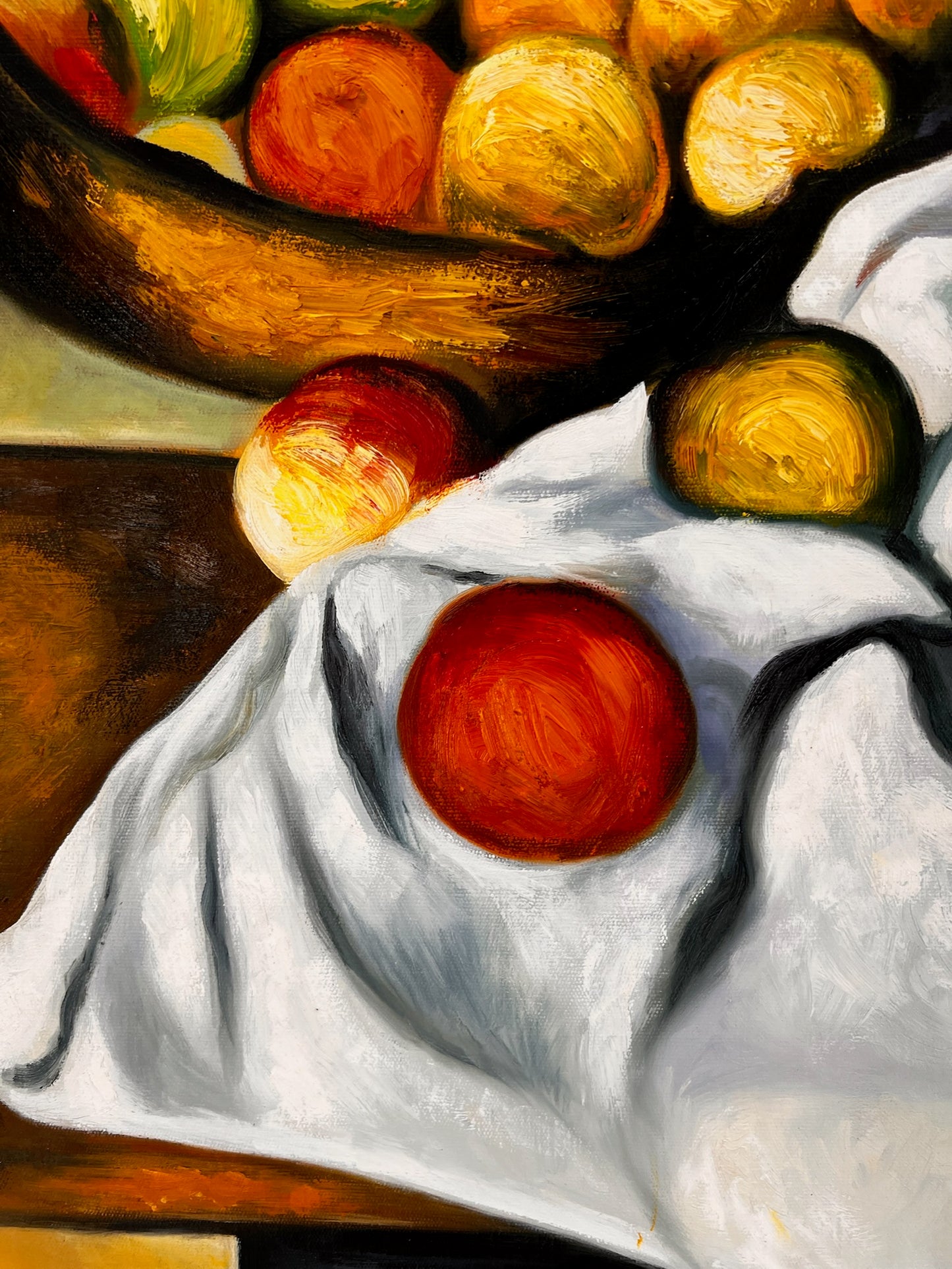 Fruits et gâteaux – Peinture à l'huile post-impressionniste peinte à la main sur toile (64 × 80 cm)