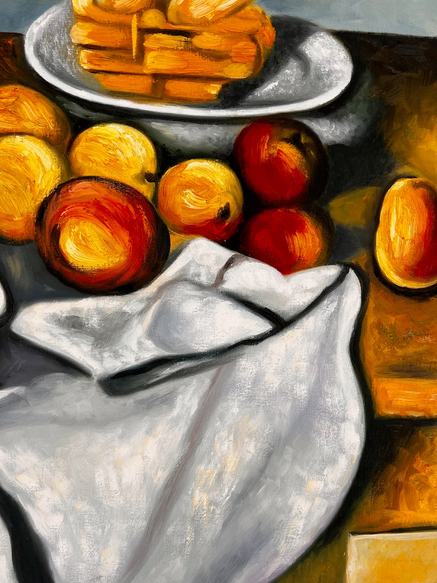 Fruits et gâteaux – Peinture à l'huile post-impressionniste peinte à la main sur toile (64 × 80 cm)