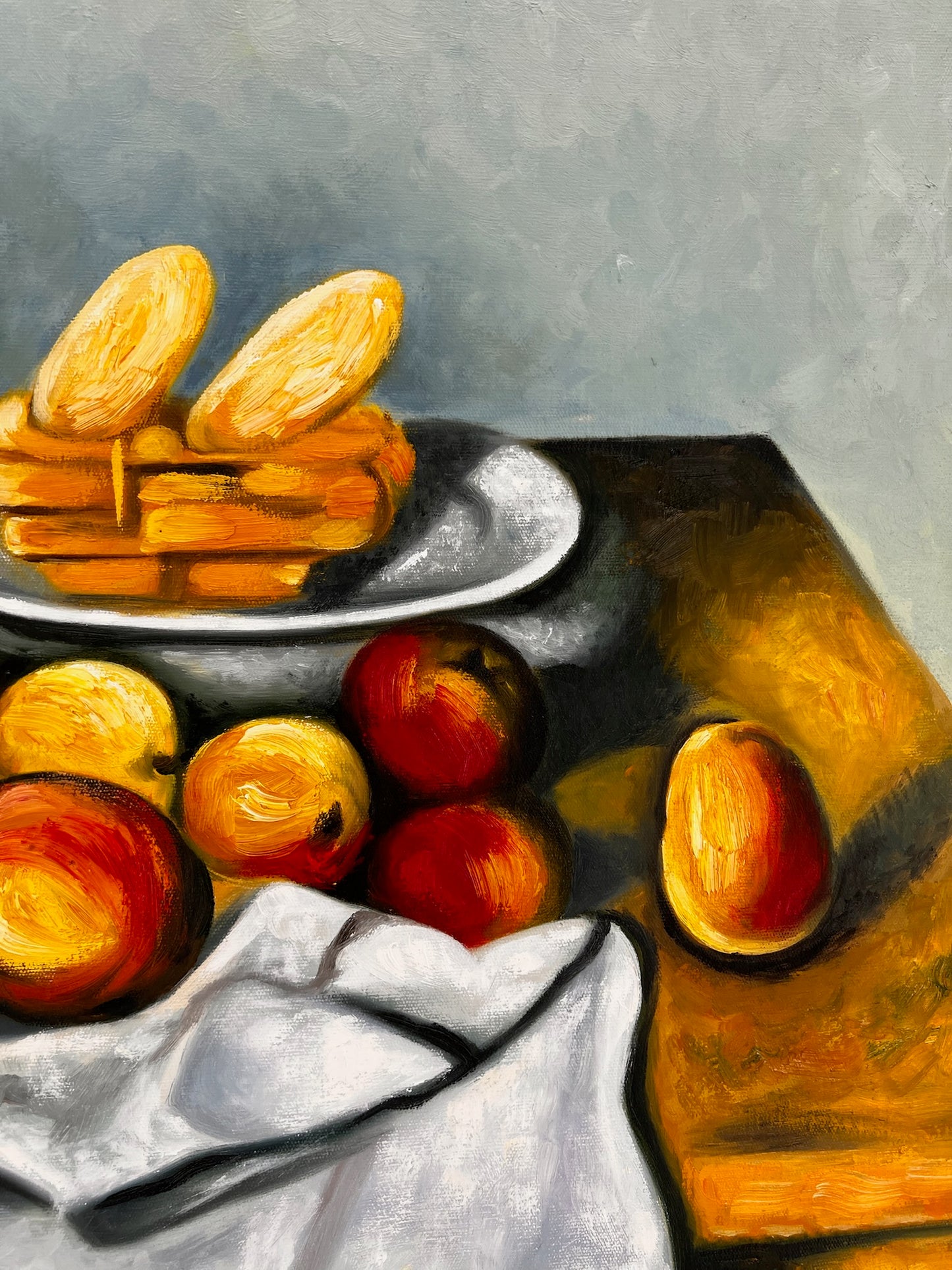 Fruits et gâteaux – Peinture à l'huile post-impressionniste peinte à la main sur toile (64 × 80 cm)