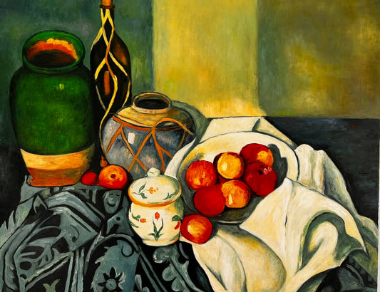 Nature morte avec fruits et bouteille verte – Peinture à l'huile post-impressionniste peinte à la main sur toile (64 × 80 cm)