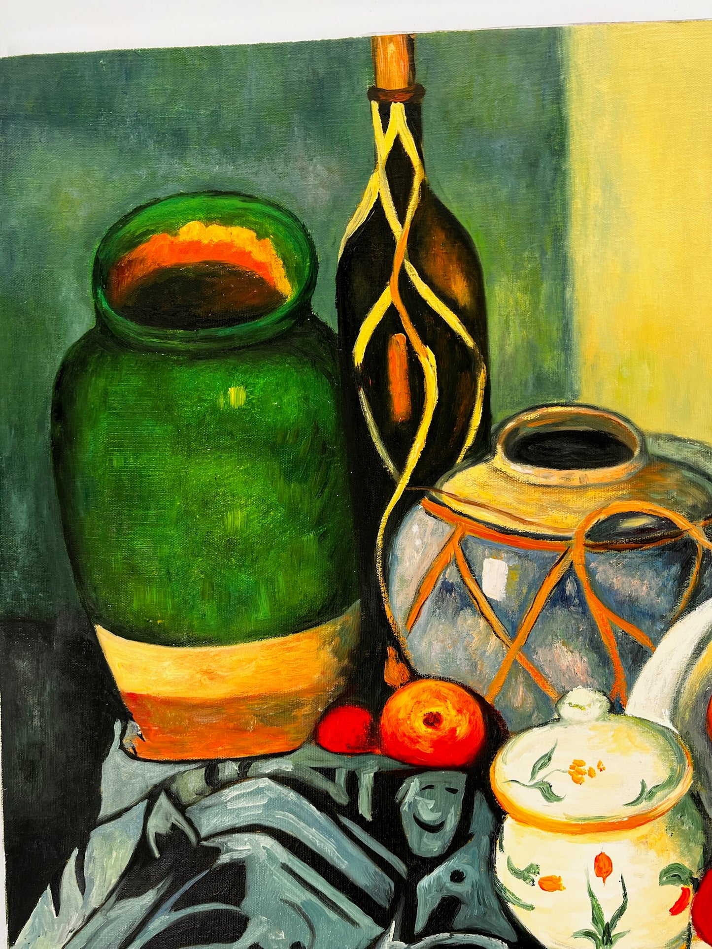 Nature morte avec fruits et bouteille verte – Peinture à l'huile post-impressionniste peinte à la main sur toile (64 × 80 cm)