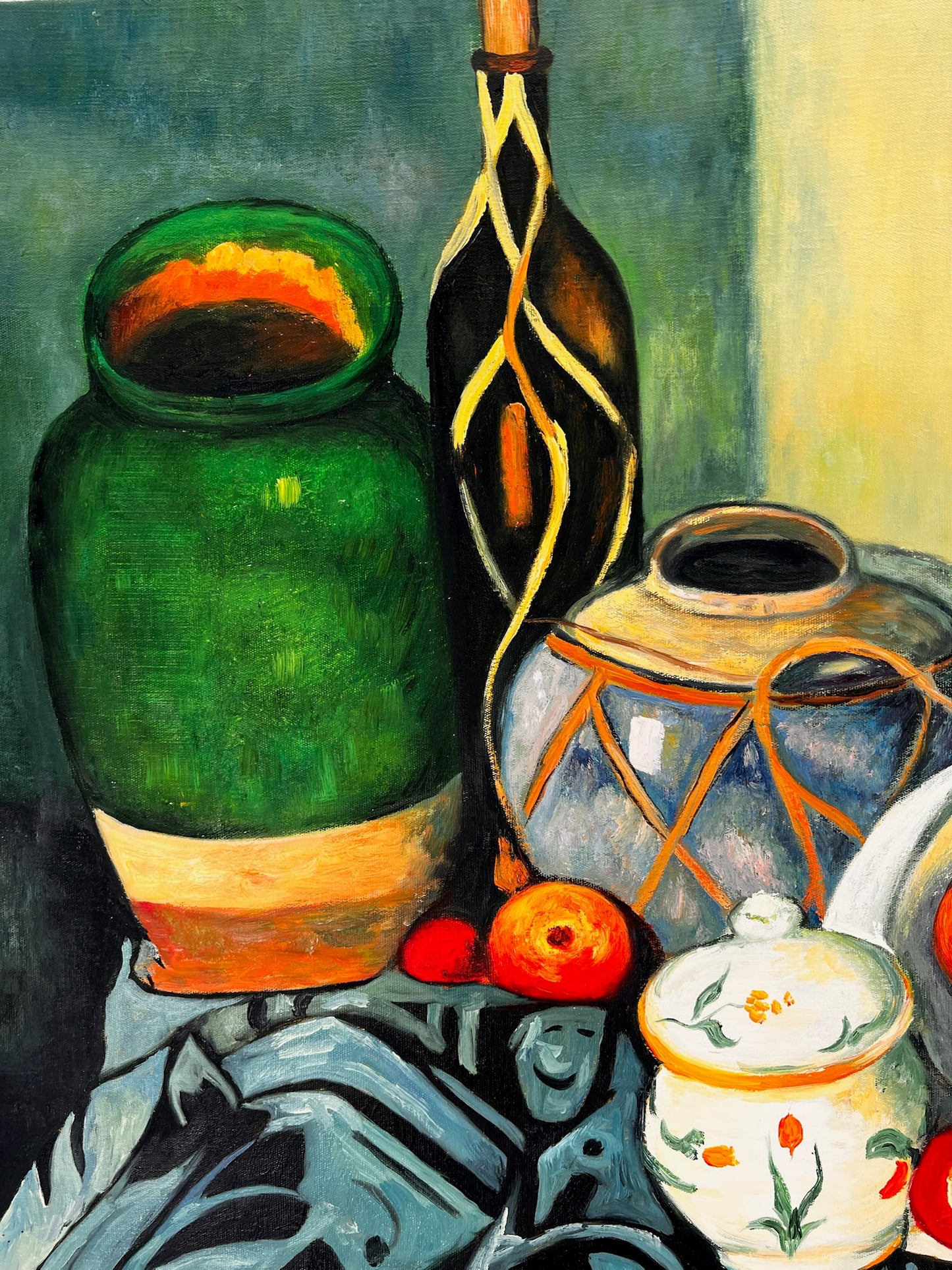 Nature morte avec fruits et bouteille verte – Peinture à l'huile post-impressionniste peinte à la main sur toile (64 × 80 cm)