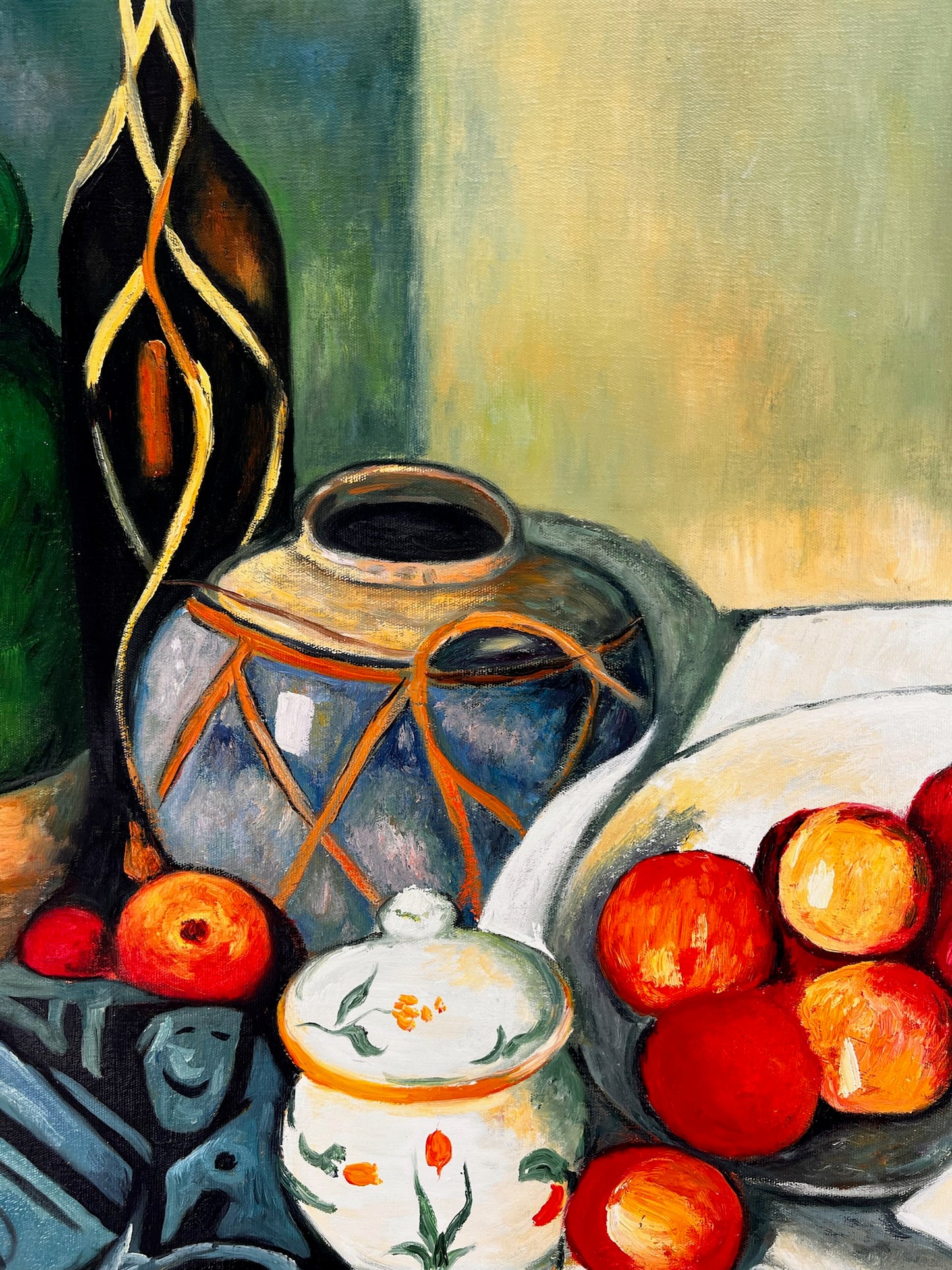 Nature morte avec fruits et bouteille verte – Peinture à l'huile post-impressionniste peinte à la main sur toile (64 × 80 cm)