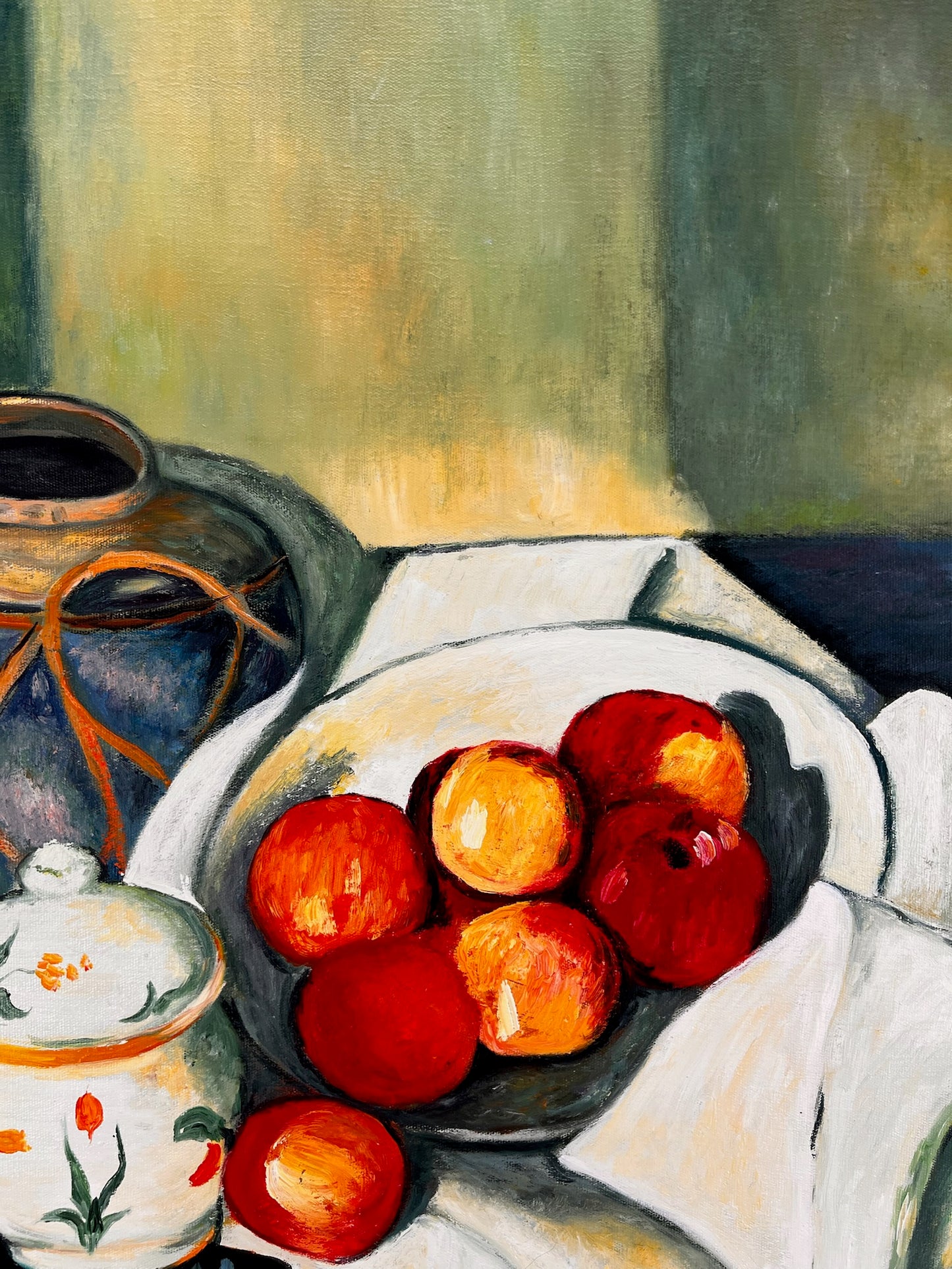 Nature morte avec fruits et bouteille verte – Peinture à l'huile post-impressionniste peinte à la main sur toile (64 × 80 cm)