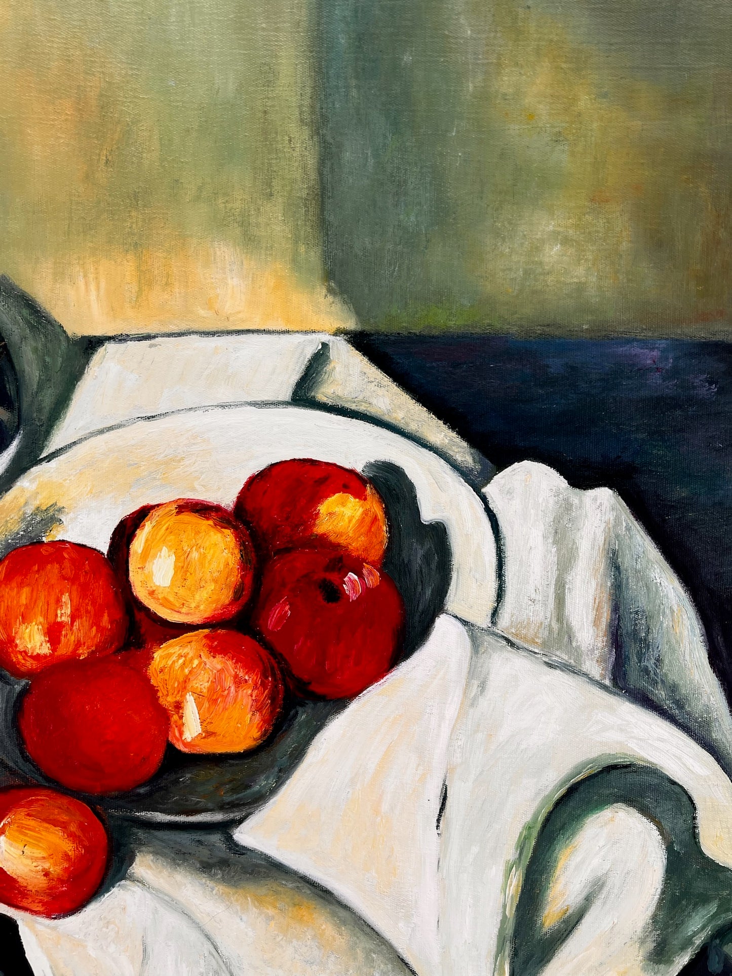 Nature morte avec fruits et bouteille verte – Peinture à l'huile post-impressionniste peinte à la main sur toile (64 × 80 cm)