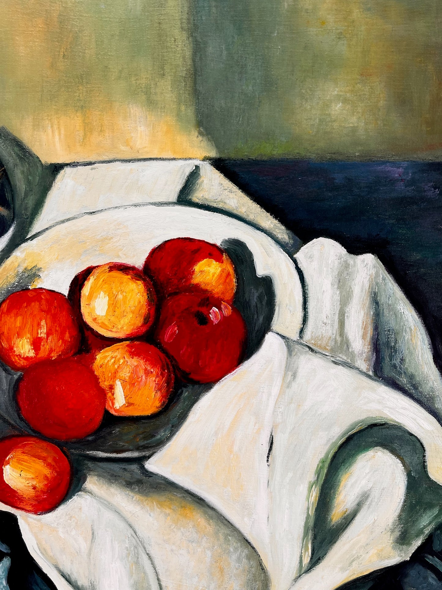 Nature morte avec fruits et bouteille verte – Peinture à l'huile post-impressionniste peinte à la main sur toile (64 × 80 cm)