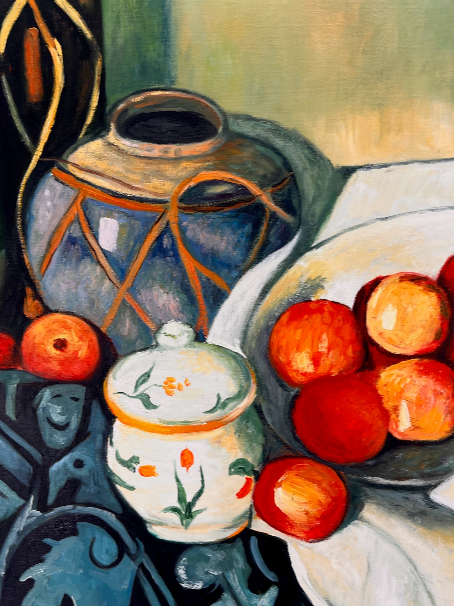 Nature morte avec fruits et bouteille verte – Peinture à l'huile post-impressionniste peinte à la main sur toile (64 × 80 cm)