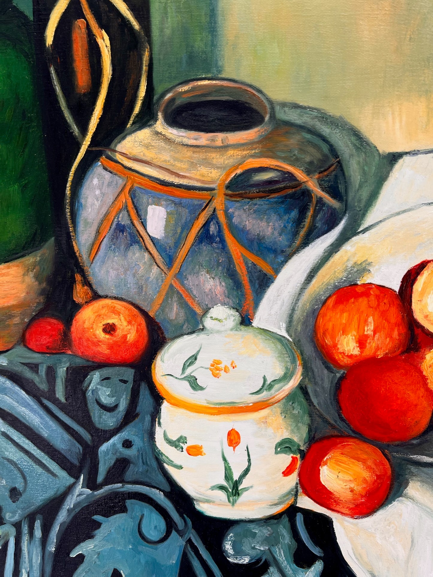 Nature morte avec fruits et bouteille verte – Peinture à l'huile post-impressionniste peinte à la main sur toile (64 × 80 cm)